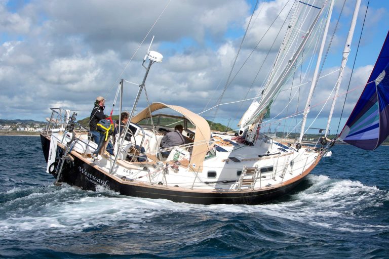 A Rustler 42 with a carbon mast
